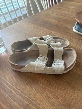 Birkenstock Arizona Beige Suede Two-Strap Sandals with Buckles